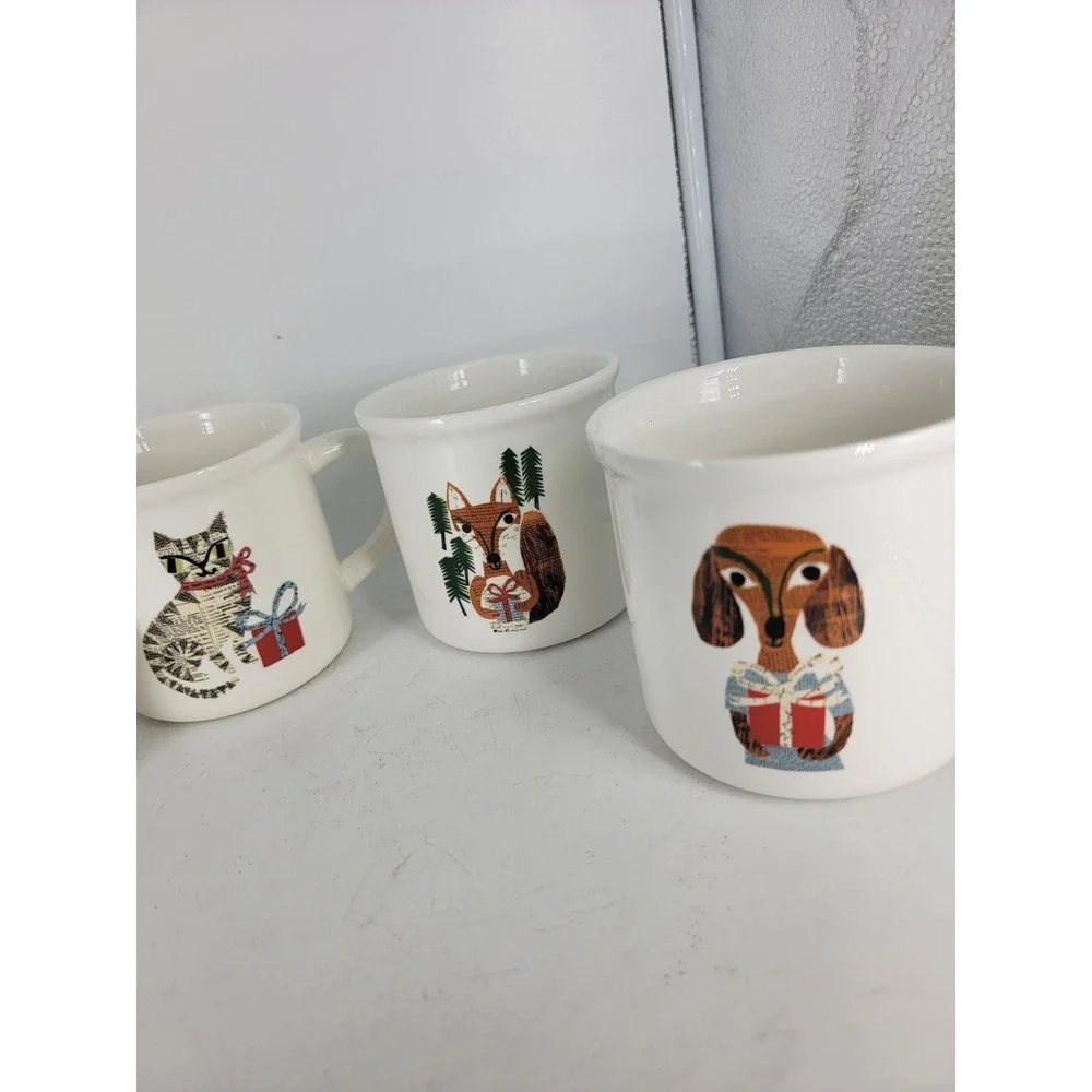 (4) Pottery Barn Denise Fiedler Whimsical Christmas Mugs Cat Fox Owl Dog 16 Oz